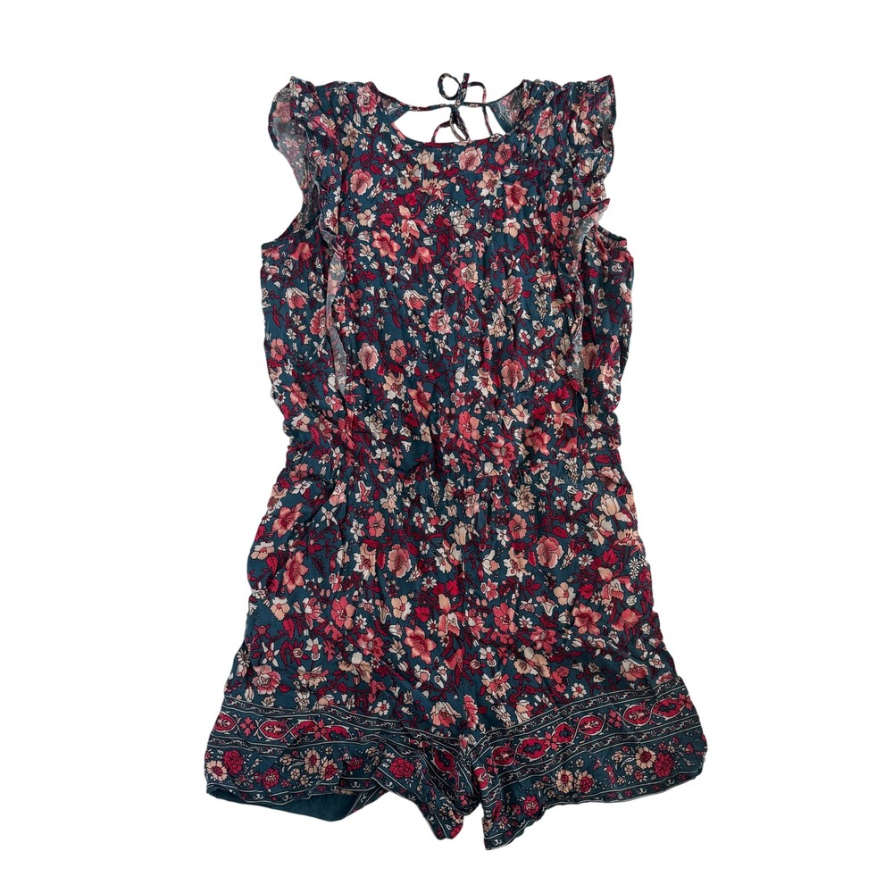 LOFT Ann Taylor Floral Surplice Romper Teal Pink Boho Flutter Sleeve Small